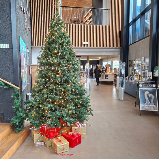 Juletræ med gaver ved biblioteket i Gilleleje.