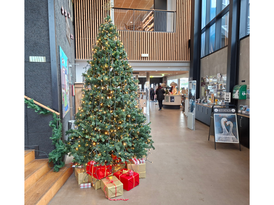 Juletræ med gaver ved biblioteket i Gilleleje.